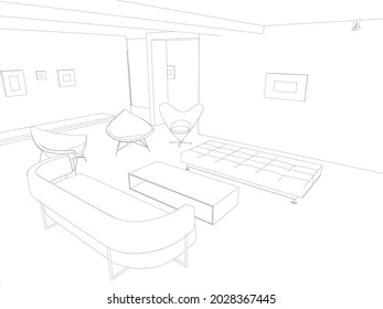 El interior está decorado con sillones y un sofá de líneas negras sobre un fondo blanco. 3 D. Ilustración vectorial.