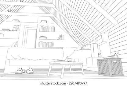 Contour of the interior of the bedroom in the roof of the house from black lines isolated on a white background. Perspective view. Vector illustration.