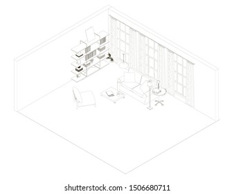 The contour of the interior with a sofa, table wardrobe and other items. View isometric. Vector illustration.