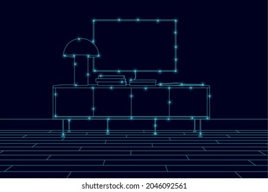 The contour of the interior with a TV and a bedside table made of blue lines on a dark background. Vector illustration