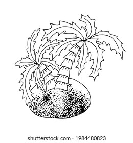Contour. Island with palm trees. Marine theme icon in hand draw style. Icon, badge, sticker, print for clothes