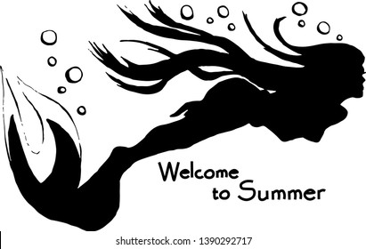 A contour isolated black illustration of a mermaid silhouette with an inscription Welcome to Summer. A vector drawing on a white background. 