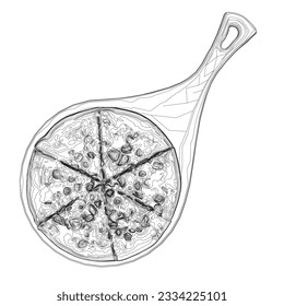Contour of Italian pizza and ingredients. Italian food menu design template. Pizzeria menu design template. Vintage hand drawn sketch vector illustration. Engraved image.