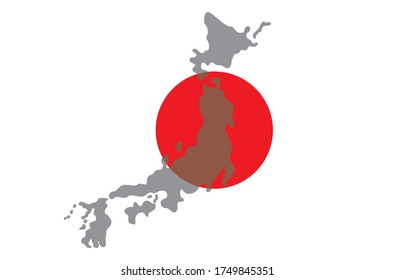 Contour of Japan on National flag. Сountry shape on National flag background.