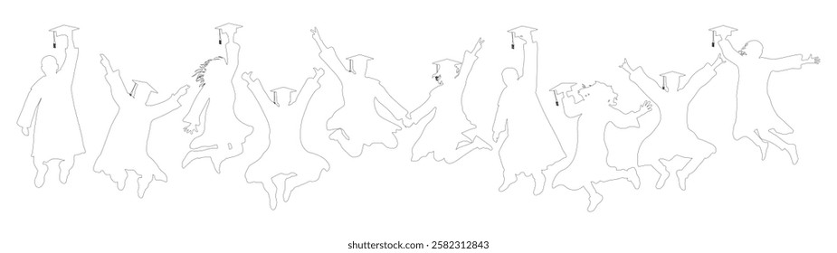 Contour of jumping graduate students in square academic caps and mantles. Cheerful people. Graduation ceremony. Vector  illustration.