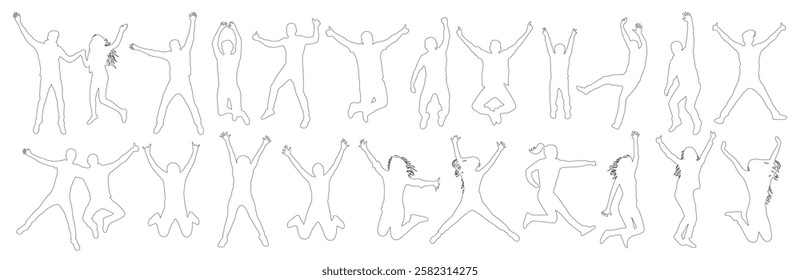 Contour of jumping people in various poses in full growth, set. Vector illustration