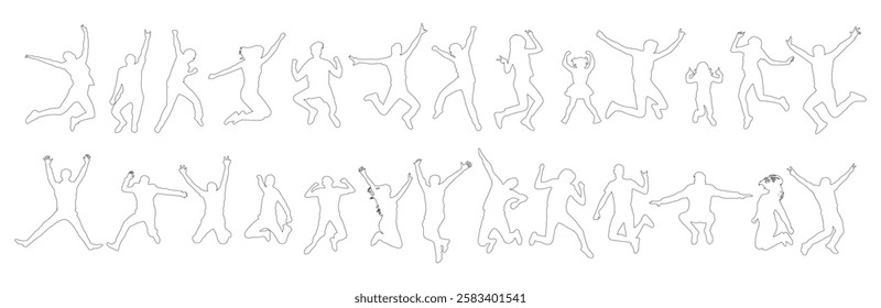 Contour of jumping people in various poses in full growth, set. Vector illustration