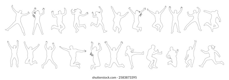 Contour of jumping people in various poses in full growth, set. Vector illustration