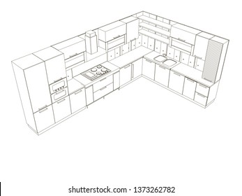 Contour of the kitchen of black lines isolated on white background. Isometric view. Wireframe of the kitchen set. Vector illustration