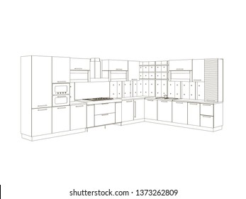 Contour of the kitchen of black lines isolated on white background. Front view. Wrieframe of the kitchen set. Vector illustration