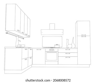 Contour of the kitchen from black lines isolated on a white background. Perspective view. Vector illustration