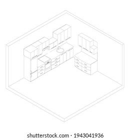 Contour of the kitchen with cooking utensils. Kitchen interier. Isometric view. Vector illustration