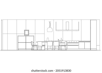 Contour of kitchen interior isolated on white background. Vector illustration