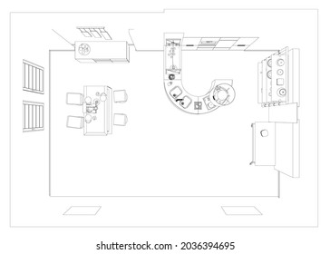 Contorno de la cocina con mesa y sillas de líneas negras aisladas en fondo blanco. Vista desde arriba. Ilustración del vector