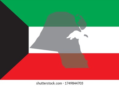 Contour of Kuwait on National flag. Сountry shape on National flag background.