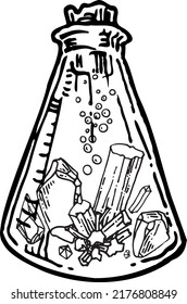 Contour laboratory alchemical ware with stones inside. Vector image for packaging, sites, designs.
