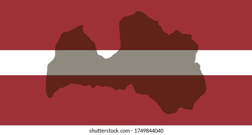 Contour of Latvia on National flag. Сountry shape on National flag background.