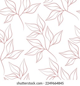 Contour leaf seamless pattern vector. Abstract linear branches leaves floral backdrop illustration. Wallpaper, background, fabric, textile, print, wrapping paper or package design.
