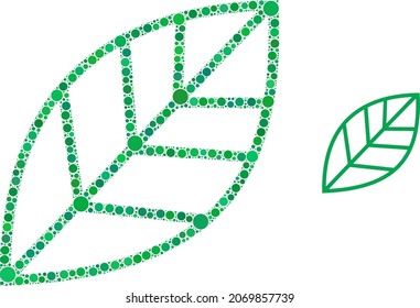 Contour leaf vector mosaic of circle dots in different sizes and color shades. Circle dots are united into contour leaf vector collage. Abstract vector illustration.