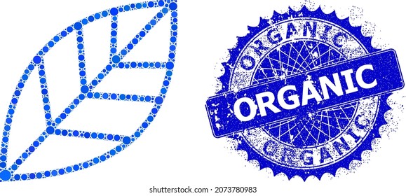 Contour leaf vector mosaic of round dots in different sizes and blue color tints, and distress Organic stamp seal. Blue round sharp rosette stamp seal includes Organic title inside it.
