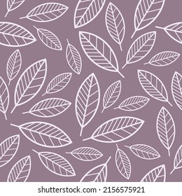 El contorno deja un patrón sin fisuras en el fondo morado oscuro. Ilustración vectorial de hoja gráfica. Papel de pared floral mínimo.Fondo de textura geométrica botánica. Plantilla para impresión, diseño, banner o tarjeta.