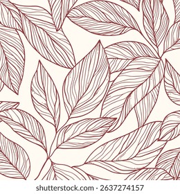 contour leaves seamless pattern vector, hand drawn floral outline background