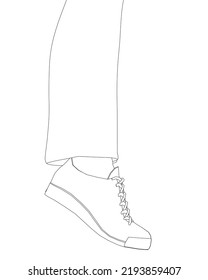 The contour of the leg of a man in sneakers and pants from black lines isolated on a white background. Side view. Vector illustration.