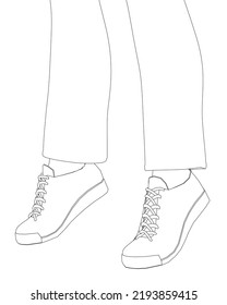 The contour of the legs of a man in sneakers and pants from black lines isolated on a white background. Side view. Vector illustration.