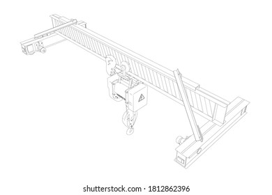 Contour of lifting stationary crane from black lines isolated on white background. 3D. Isometric view. Vector illustration