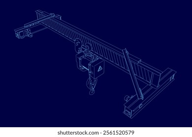 Contour of lifting stationary crane from blue lines isolated on blue background. 3D. Isometric view. Vector illustration