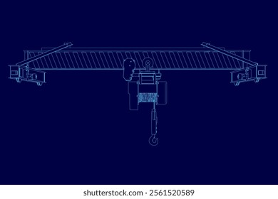 Contour of lifting stationary crane from blue lines isolated on blue background. 3D. Front view. Vector illustration