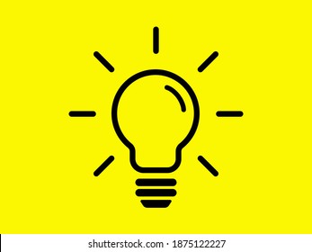 Icono de brillo de la bombilla del contorno. Luz negra brillante con rayos en luz eléctrica de fondo amarillo y nueva idea vectorial creativa.