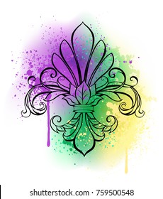 Contour lily ( Fleur de lis ) on white background shaded with purple, green and yellow watercolor paint.