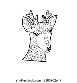 Contour line art illustration for coloring book with decorative deer head. Line art design for adult or kids in zentangle style, tattoo and coloring page. Anti stress picture.