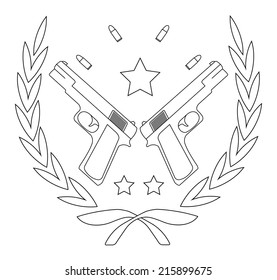 Contour, line art logo isolated on white with 2 pistols, bullets and stars in laurel wreath