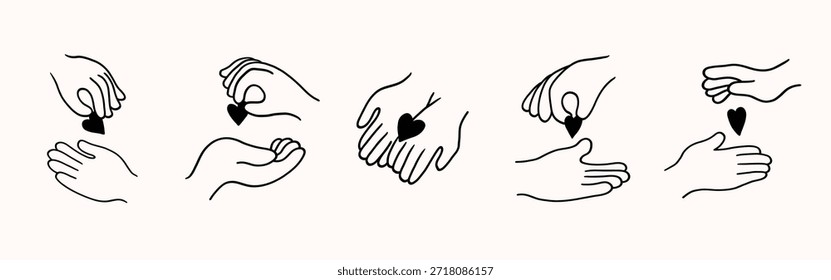 Linha de contorno doodle desenho de mãos segurando coração, desenho de arte de linha. Mão dando coração a outro conjunto de mãos, coleção. Apoio, cuidado, conceito de caridade. Doodle estilo divertido simples, preto e branco.