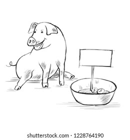 Contour Line Drawing. Coloring for kids. A piggy sits on the ground and asks for alms for sweet. There are a few coins in the bowl. Cute funny piglet. Hand-drawn. Cartoon.
