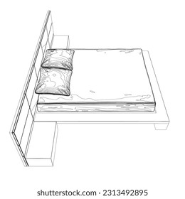 Contour line drawing of double bed. Modern comfortable luxury furnitures for bedroom. Outline of a sleeping bed with pillows from black lines isolated on a white background. Vector illustration..