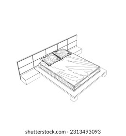 Dibujo de línea de contorno de cama doble. Modernos y confortables muebles de lujo para la habitación. Esbozo de una cama con almohadas de líneas negras aisladas en un fondo blanco. Ilustración vectorial.