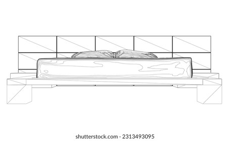 Contour line drawing of double bed. Modern comfortable luxury furnitures for bedroom. Outline of a sleeping bed with pillows from black lines isolated on a white background. Vector illustration..