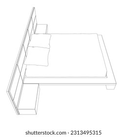 Kontrastlinie Zeichnung des Doppelbettes. Moderne, komfortable Luxusmöbel für das Schlafzimmer. Umriss eines Schlafbettes mit Kissen aus schwarzen Linien einzeln auf weißem Hintergrund. Vektorgrafik...