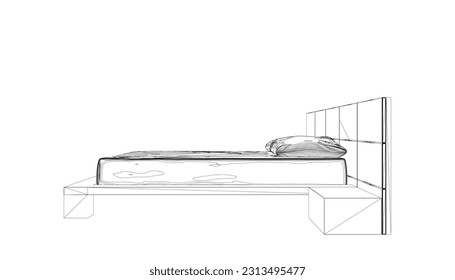 Contour line drawing of double bed. Modern comfortable luxury furnitures for bedroom. Outline of a sleeping bed with pillows from black lines isolated on a white background. Vector illustration..