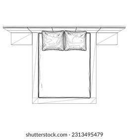 Contour line drawing of double bed. Modern comfortable luxury furnitures for bedroom. Outline of a sleeping bed with pillows from black lines isolated on a white background. Vector illustration..