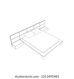 Contour line drawing of double bed. Modern comfortable luxury furnitures for bedroom. Outline of a sleeping bed with pillows from black lines isolated on a white background. Vector illustration..