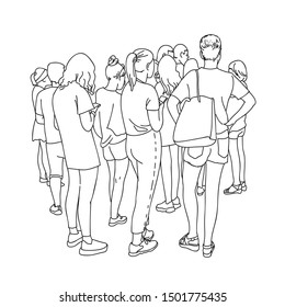 Contour line drawing group of people waiting in queue. Crowd standing at concert, meeting back view. Women and men in line at the cash register. Minimalistic sketch vector illustration