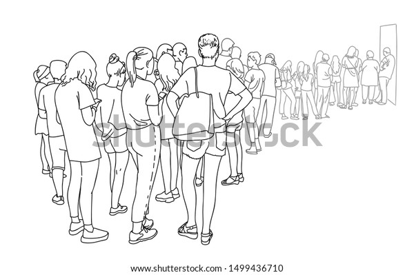 待ち行列に入っている人の等高線図面グループ 群衆がコンサートに立ち 後ろ姿を見る レジに並ぶ女性と男性 ミニマリズムのスケッチベクターイラスト のベクター画像素材 ロイヤリティフリー