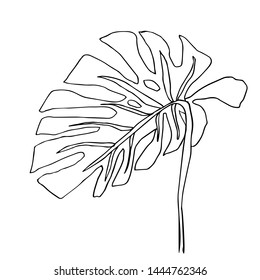 Contour line drawing leaf of monstera.  Modern minimalism art, aesthetic contour. Pastel Scandinavian color palette.