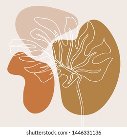 Contour line drawing leaf of monstera.  Modern minimalism art, aesthetic contour. Pastel Scandinavian color palette.