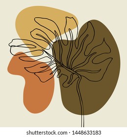 Contour line drawing leaf of monstera.  Modern minimalism art, aesthetic contour. Pastel Scandinavian color palette.