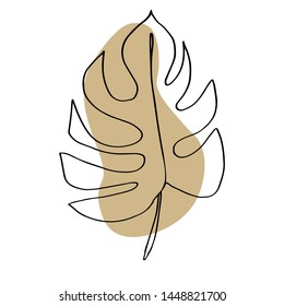 Contour line drawing leaf of monstera.  Modern minimalism art, aesthetic contour. Pastel Scandinavian color palette.